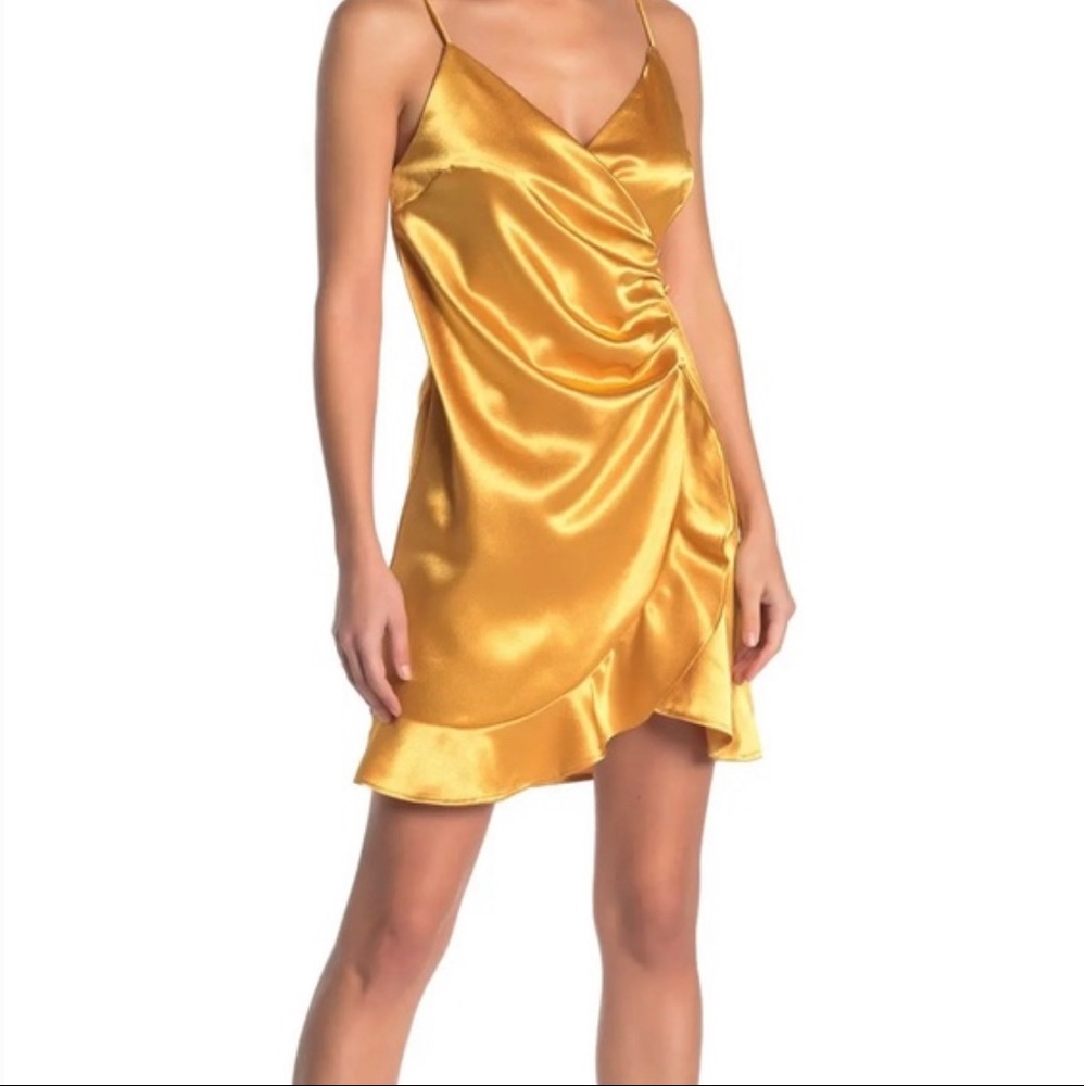 Favlux Yellow Gold Wrap Satin Ruffle Mini Dress